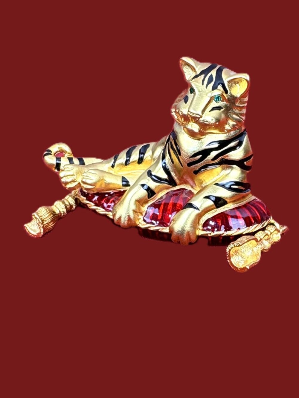 Vintage Bob Mackie Enamel Tiger Brooch Pin Gold Tone Red Cushion Pillow Rhinesto